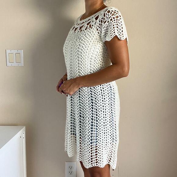 Mumu Mellow Crochet The Day Away Beige Cream Short Sleeve Dress Coverup Size M - Picture 10 of 11